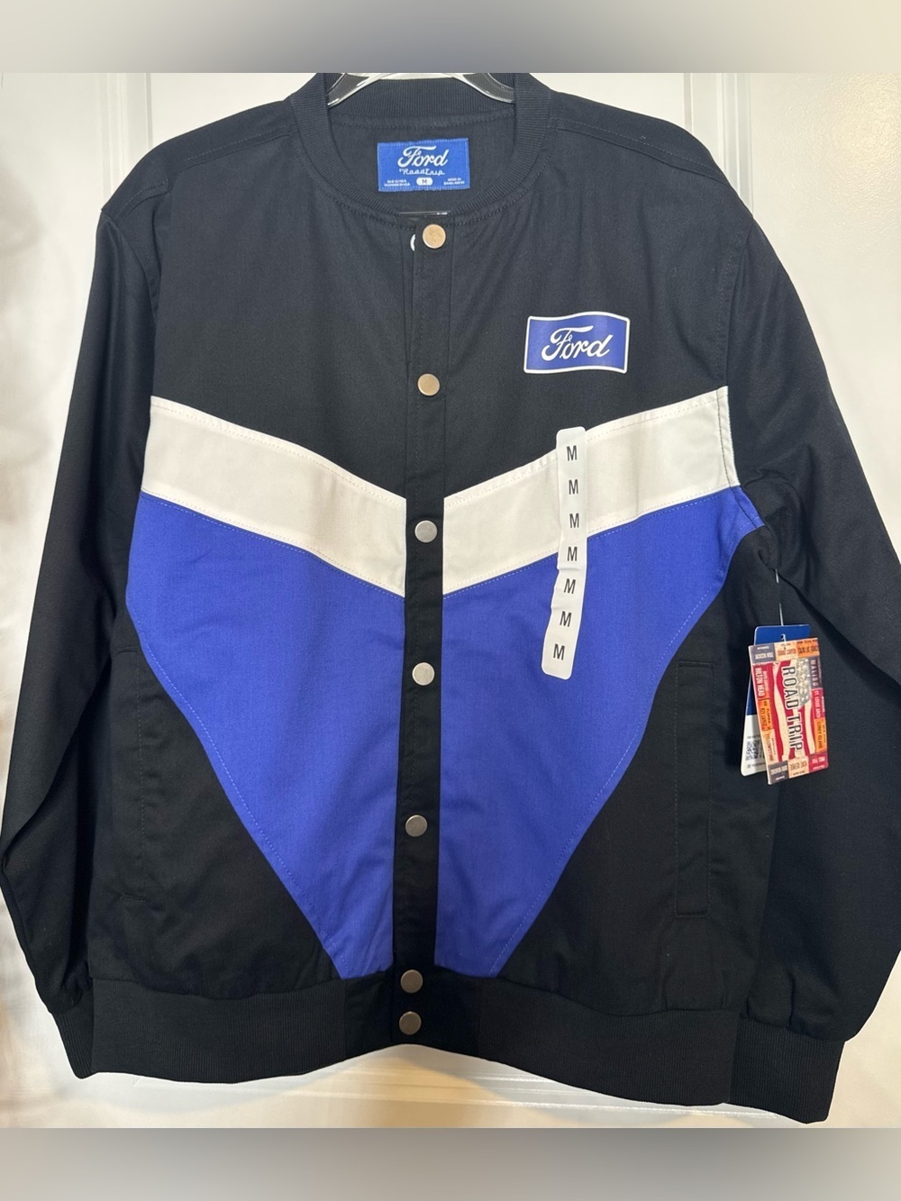 Ford motors Black, Blue & White Chevron Varsity Bomber Jacket cotton stretch Md